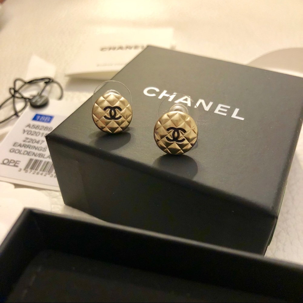 Chanel Brushed Gold Quilted Earrings w/ Black CC